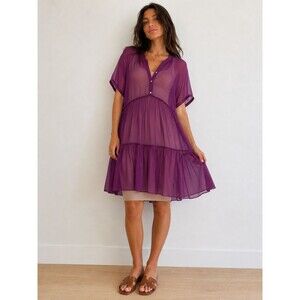 La Contessa Oversized 100% Silk Sheer Short Sleeve Tiered Babydoll Mini Dress LG